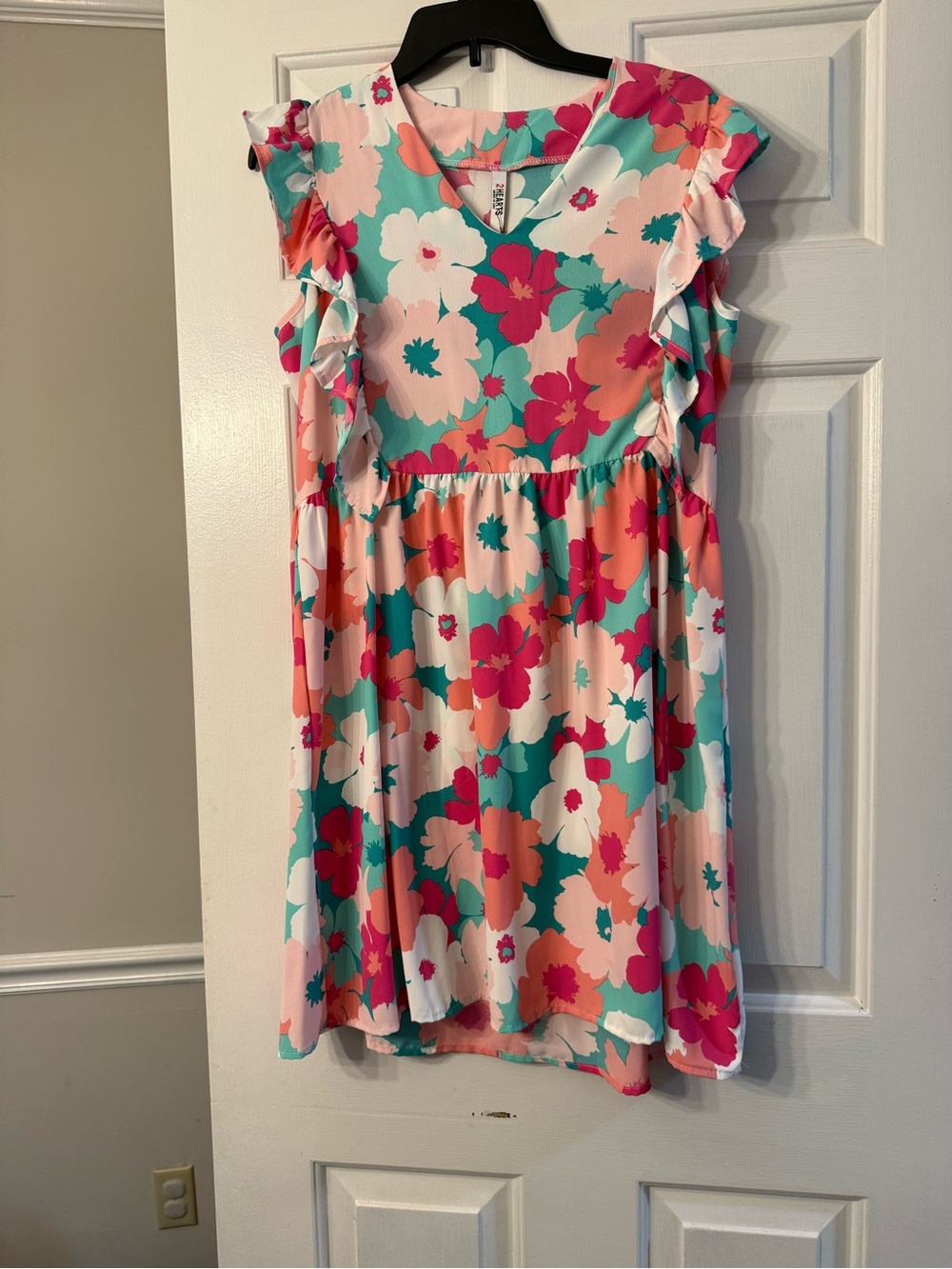 Floral Ruffle Sleeve Dress - Pink & Teal